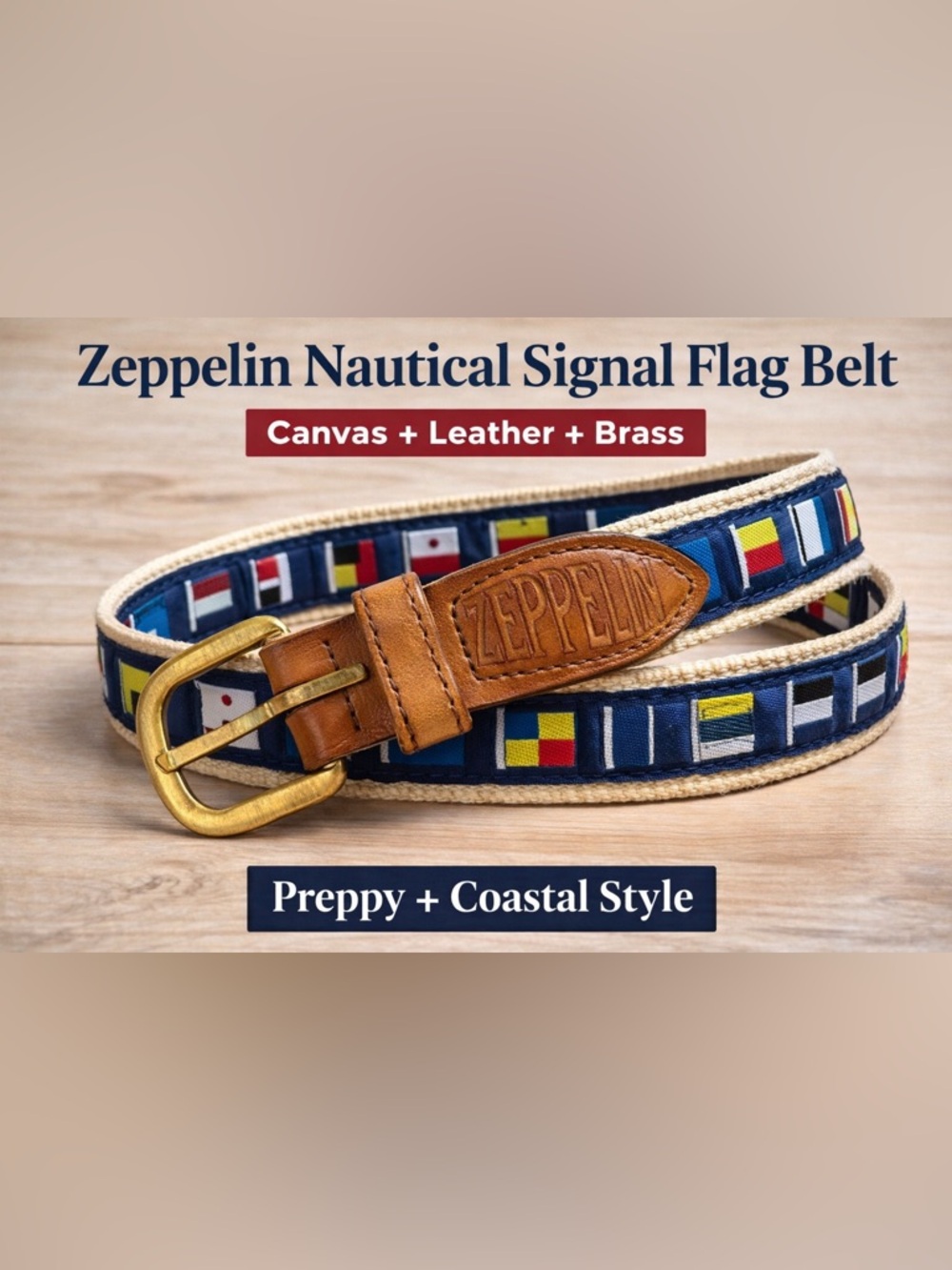 Zeppelin Nautical Signal Flag Belt Canvas Leather Brass Buckle Preppy Coastal